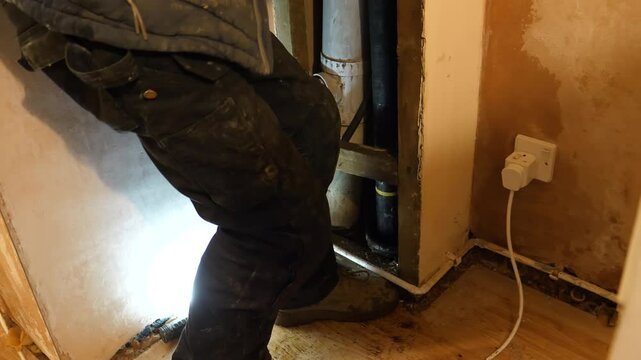 Plumber is struggling to pull out inflatable packer, patch packer or pipe patch packer from vertical soil vent pipe indoors, handheld shot.