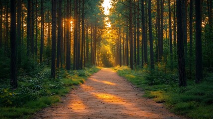 Fototapeta premium Serene Sunset Path Through Majestic Pine Forest Golden Hour Light