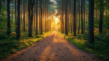 Obraz premium Golden Sunrise Path Through Majestic Pine Forest Tranquil Nature Scene