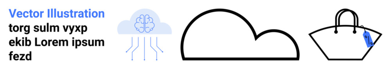 AI-powered brain with cloud data flow, black outline cloud, and tote bag suggesting tech, design, shopping, network, digital innovation, e-commerce creativity. Ideal for flat landing page banner