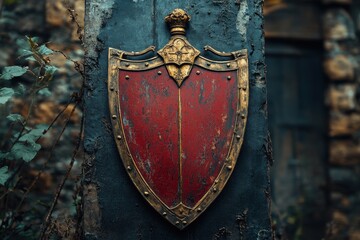 Fototapeta premium Historic red shield mounted on an ancient stone wall surrounded by overgrown vegetation in a deserted location