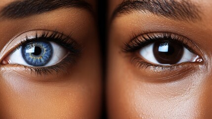 Fototapeta premium Close-Up of Two Diverse Eyes with Contrasting Eye Colors and Skin Tones, Fighting Racists, Different Races, Different Skin Colors 
