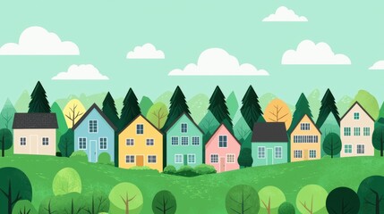 Illustration of a neighborhood with colorful houses, trees, and clouds. Concept of community, home, and real estate.
