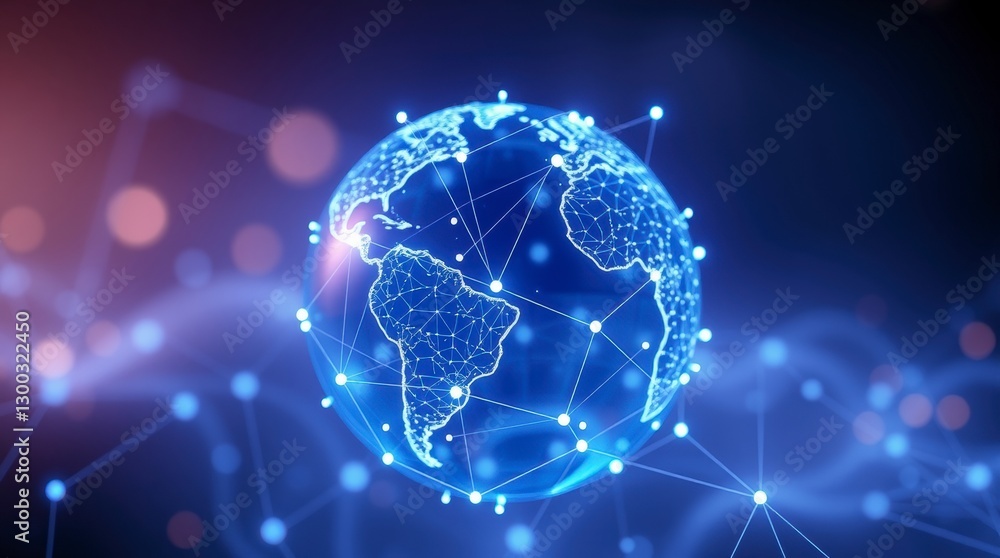Poster glowing digital globe surrounded by a network of light points representing global connectivity.
