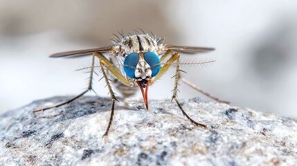 Fototapeta premium Striking Close up of a Dolichopodidae Fly Vibrant Blue Eyes Detailed Insect Macro Photography