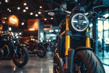Fototapeta premium Motorcycle with bright headlights stands out in showroom display.