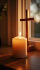 Warm candle illuminating cross by window in soft evening light, spirituality