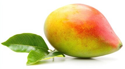 Ripe mango with leaves on white