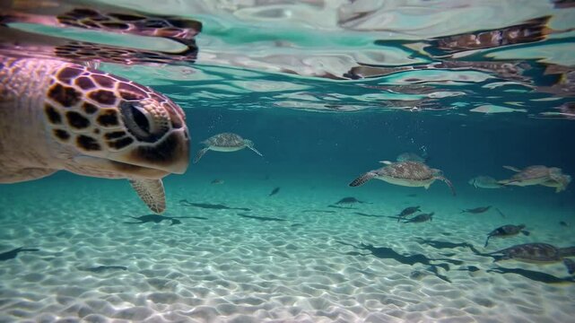 Green sea turtle gliding through crystal clear shallow waters, breathing at surface, diving toward sandy bottom, swimming among diverse marine life in pristine underwater environment