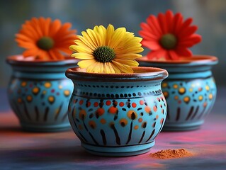 Flowers in pots on tabletop with blue backdrop