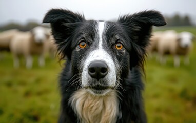 Intense Gaze: A Border Collie's piercing amber eyes meet the camera, sheep grazing peacefully in the blurred background.  A captivating portrait of canine focus and pastoral life.