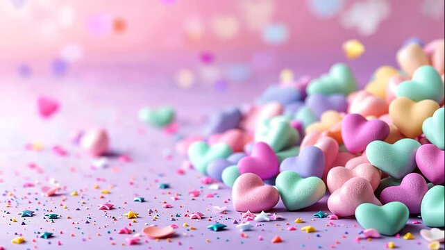 Pastel heart candies on purple surface with confetti background