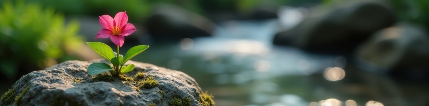 Single asfodelo flower on a rock near a stream, botanical, flora, nature