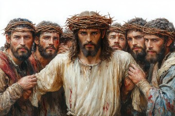 Naklejka premium Strong depiction of the emotional connection between Jesus and his followers during a moment of distress and anticipation