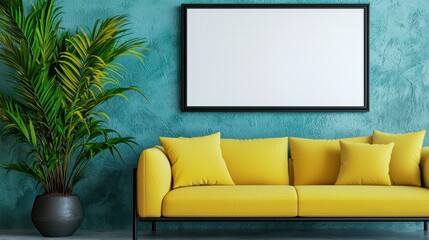 Fototapeta premium Comfortable couch positioned alongside a lush green plant creating a cozy and inviting living space atmosphere