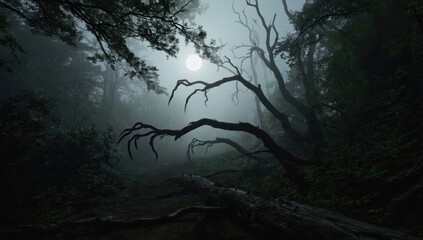 Obraz premium Mysterious night scene with fog and trees forest dark mood