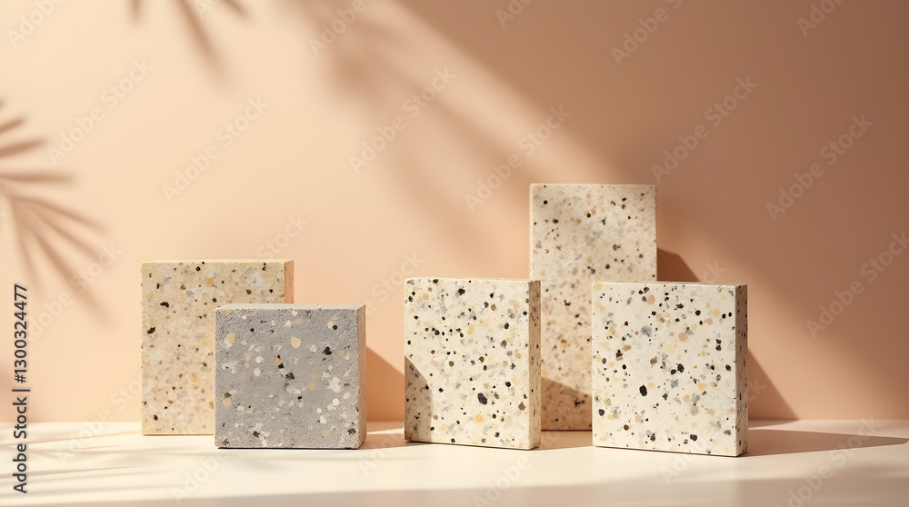 Poster beige terrazzo stone samples display blocks minimalist leaf shadows texture background
