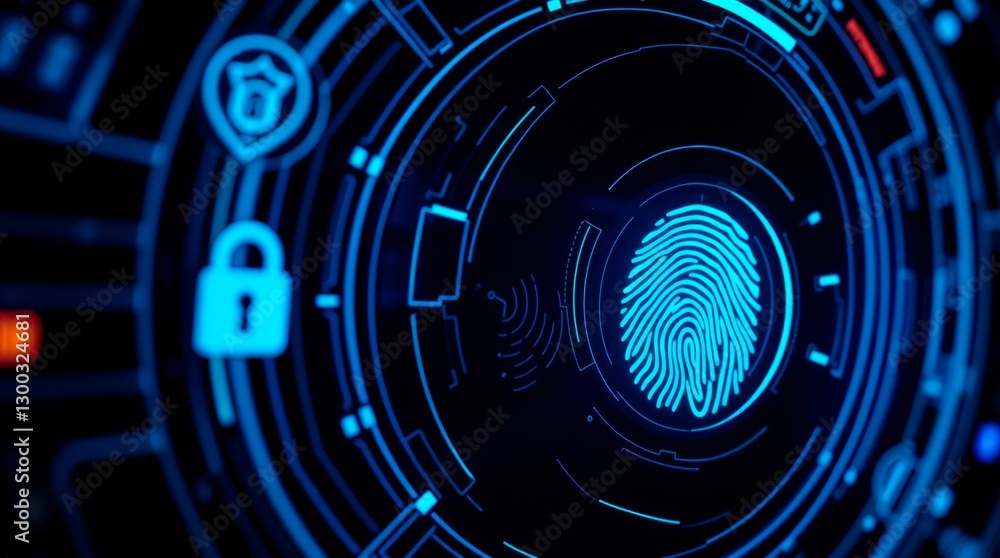 Poster a glowing blue fingerprint scan on a futuristic interface represents secure biometric identification