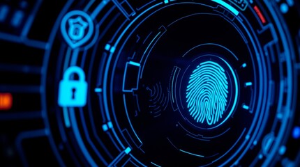 A glowing blue fingerprint scan on a futuristic interface represents secure biometric identification and digital cybersecurity.