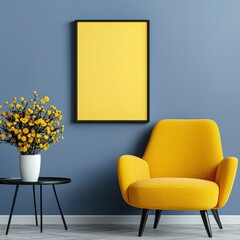 Bright yellow chair accompanied by a fresh vase of colorful flowers creating a cheerful living space atmosphere