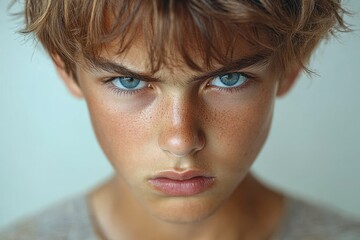 Intense portrait of a young boy with striking blue eyes and tousled hair against a neutral background