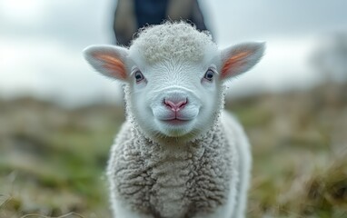 Fototapeta premium Adorable Lamb Close-Up: Innocent Eyes and Fluffy Fleece. A heartwarming image of a young lamb, gazing directly at the camera with an endearing expression. Pure, gentle, and captivating.