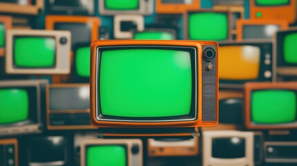 Retro TVs with green screens. Concept of vintage technology, television, and entertainment.