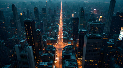 Obraz premium Night Cityscape with Long Straight Road and Moody Urban Lights View