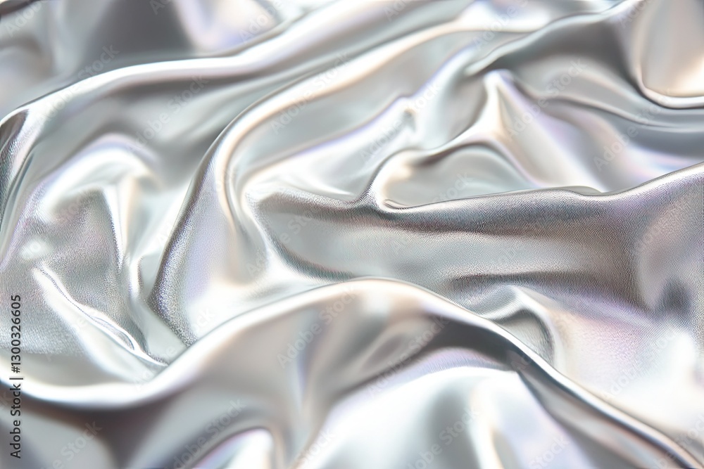 Poster closeup of silver fabric draped in soft waves and folds showing texture and light reflection
