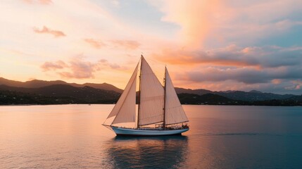 Fototapeta premium Sailboat sailing on the ocean at sunset. Beautiful sky with clouds. Concept of travel, vacation, and adventure.
