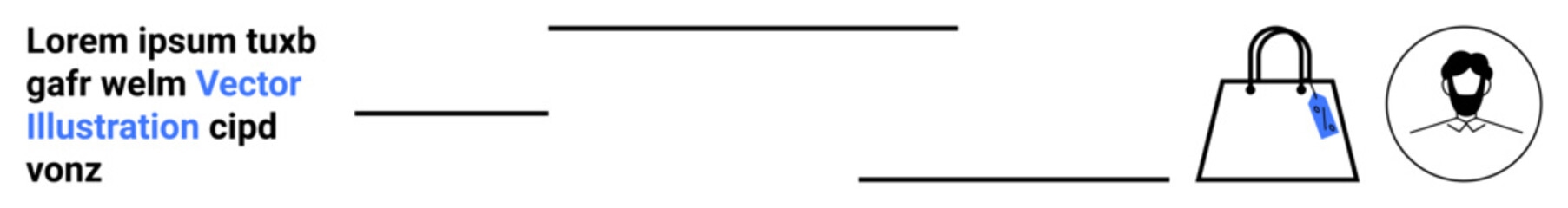 Shopping bag with price tag, user profile icon, and placeholder text elements. Ideal for online store, ecommerce design, retail branding, product catalog, user interface, marketing content flat