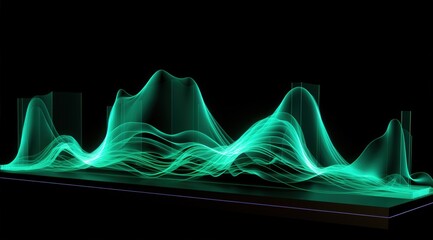 Abstract technology Green waveform visualization on a dark stage for data analysis, scientific report