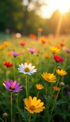 Sunlit field of diverse wildflowers, Massachusetts, orange, nature