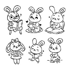 set of funny cartoon rabbits doing daily activities