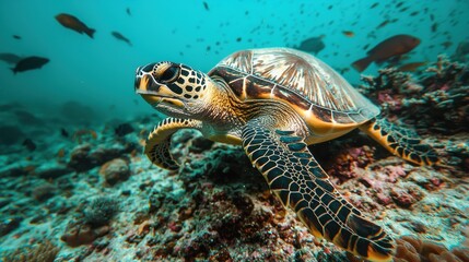 Fototapeta premium Sea turtle swimming underwater in the ocean. Concept of marine life, wildlife, and nature.