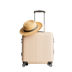 modern travel suitcase with straw hat on top, perfect for summer adventures. This stylish combination evokes sense of wanderlust and relaxation