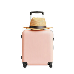 modern travel suitcase with straw hat on top, perfect for summer adventures. This stylish combination evokes sense of wanderlust and relaxation
