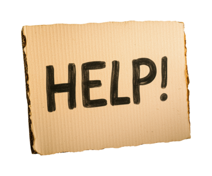 Piece of cardboard with the word HELP written on it, isolated on transparent background