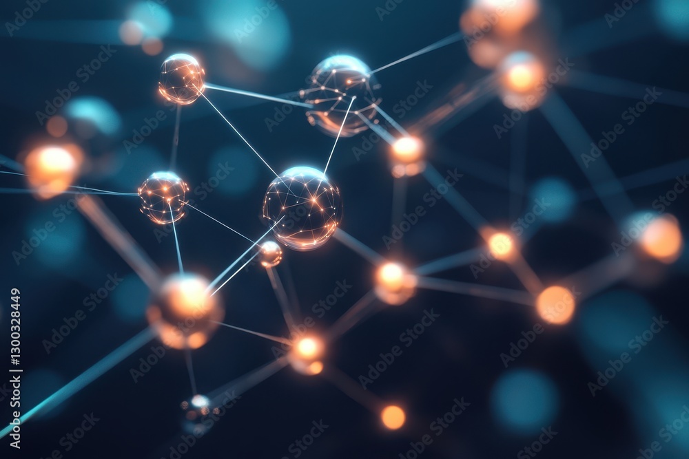 Poster visual representation of molecular structure with glowing connections in a dark space