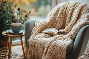 A cozy armchair with a knitted throw blanket draped over it next to a steaming cup of tea
