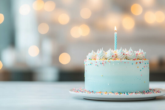 A blue cream cake with sprinkle on a plate with copy space.
