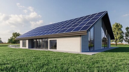 Fototapeta premium Modern house with solar panels on the roof. Concept of green energy, sustainability, and eco friendly living.