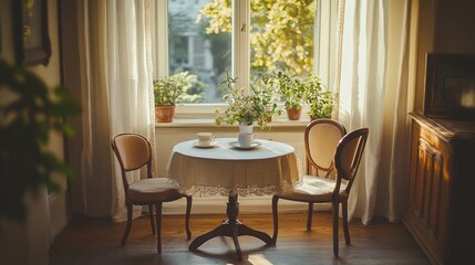 A cozy breakfast nook with a small round table, vintage chairs, and soft morning light illuminating the space