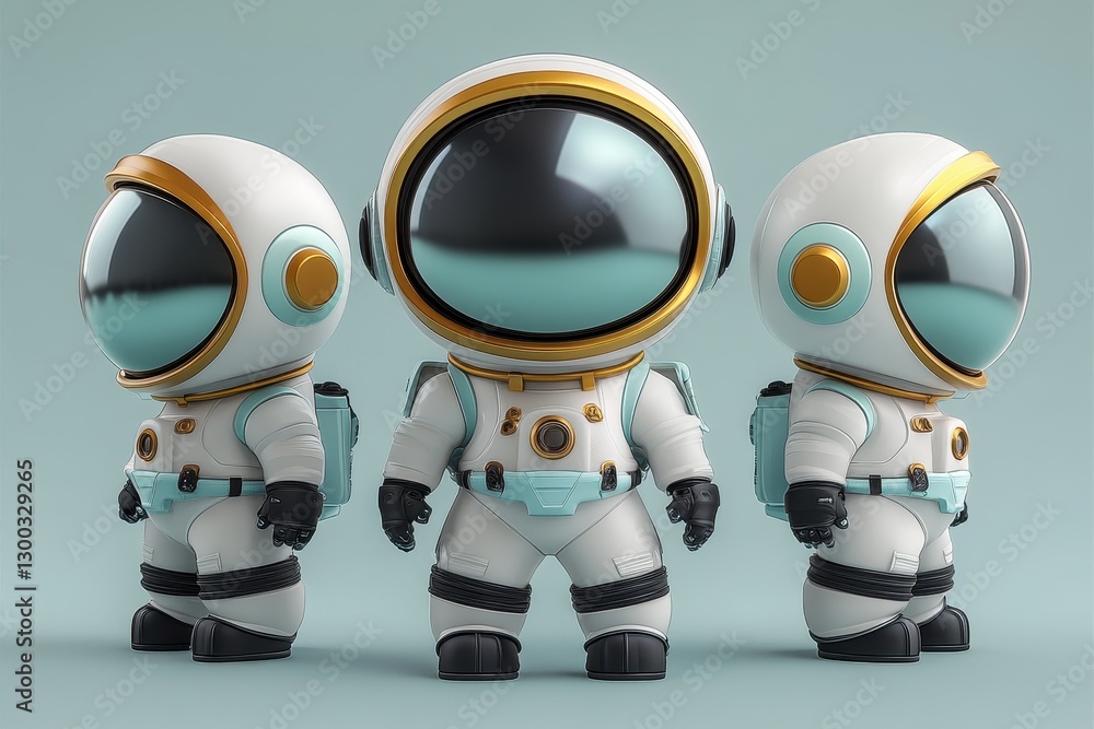 Poster cute character design of three colorful astronauts in stylish spacesuits against a soft green backgr