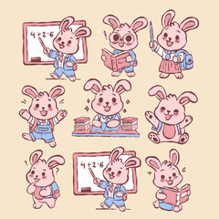 set of funny rabbit cartoon doing school activities