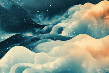 Fototapeta premium A dreamy abstract illustration features soft, ethereal forms reminiscent of clouds or waves with subtle dots.
