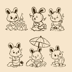 set of cute playful rabbits doing beach activities