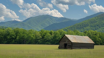 Tranquil mountain landscape featuring a charming cabin amidst verdant foliage and clear skies