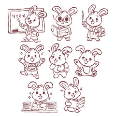 set of funny rabbit cartoon doing school activities