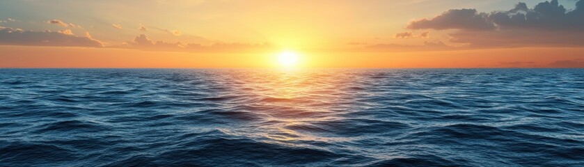 Obraz premium Beautiful sunset over the ocean with sun rays shining through the clouds. Concept of nature, travel, and relaxation.